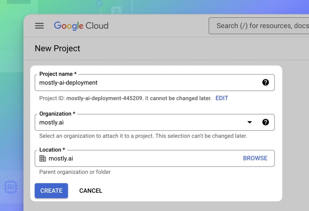 Google Cloud - Select organization and click CREATE