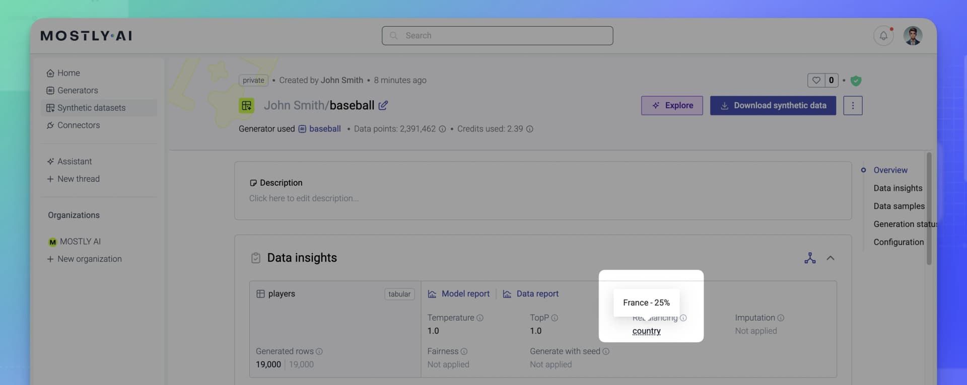 MOSTLY AI - Synthetic datasets - Data insights - Rebalancing highlighted